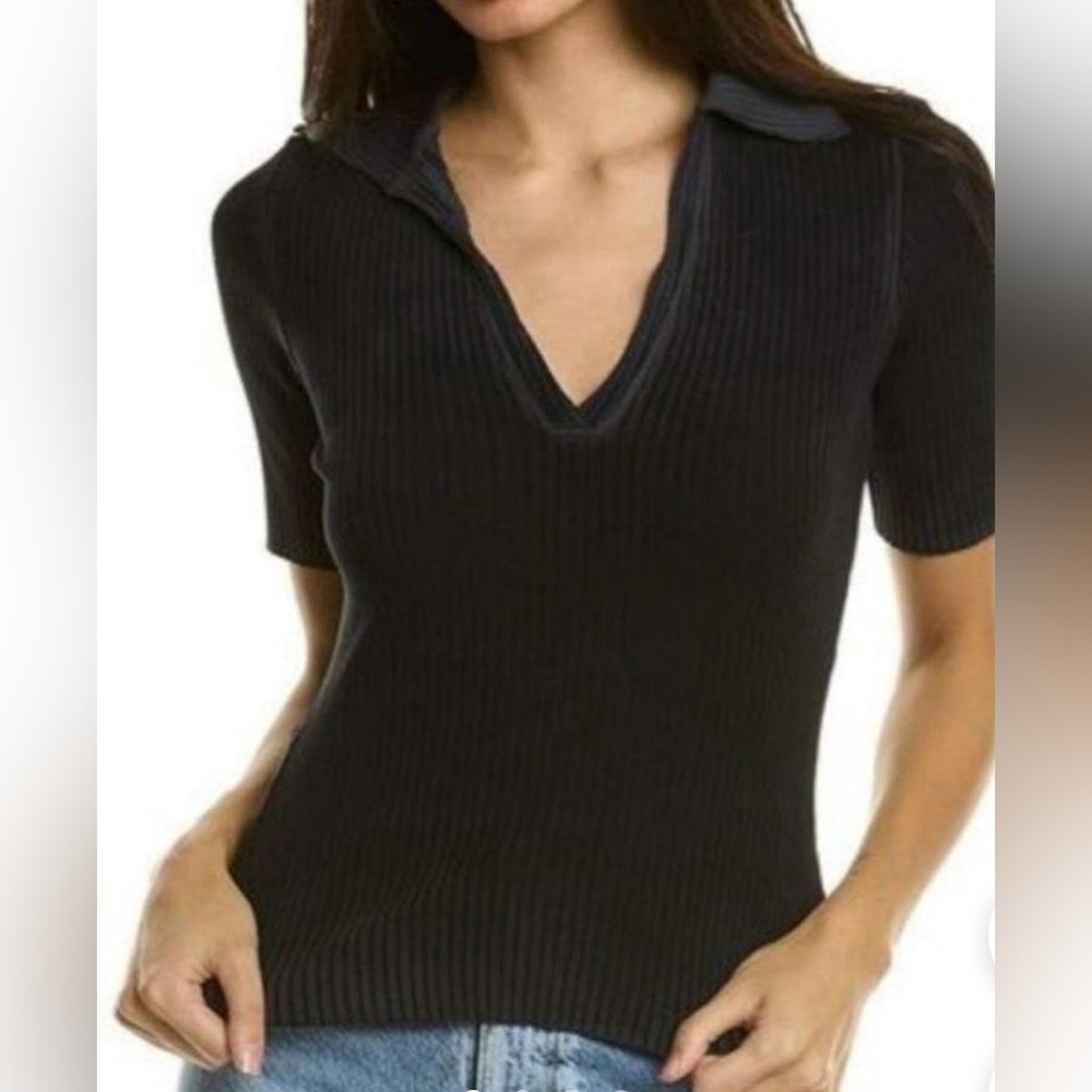 COTTON CITIZEN Ribbed Ibiza Polo Short Sleeve Tee Vintage Black in Small Preppy - Picture 2 of 12